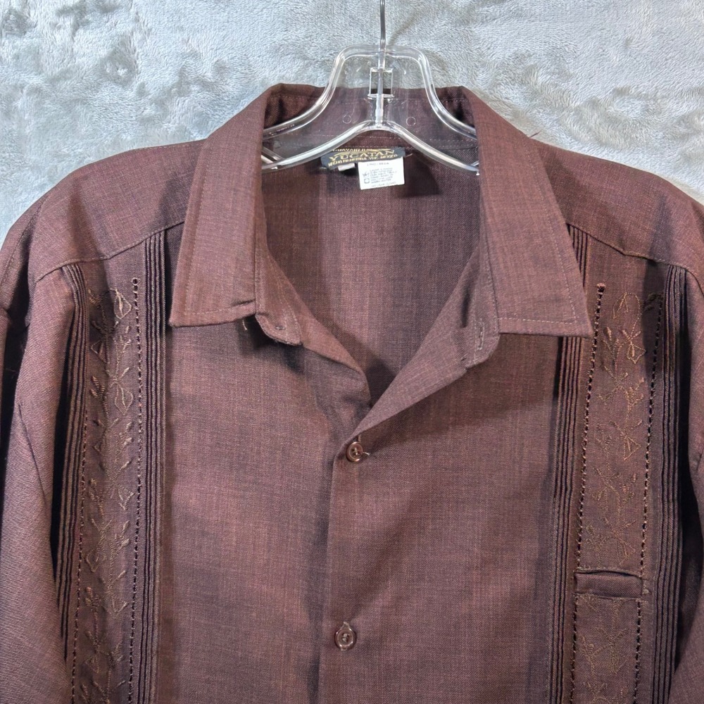 Vintage Yucatan Guayabera Shirt Mens 42 Brown Lino Seda Embroidered Wedding - Picture 2 of 10